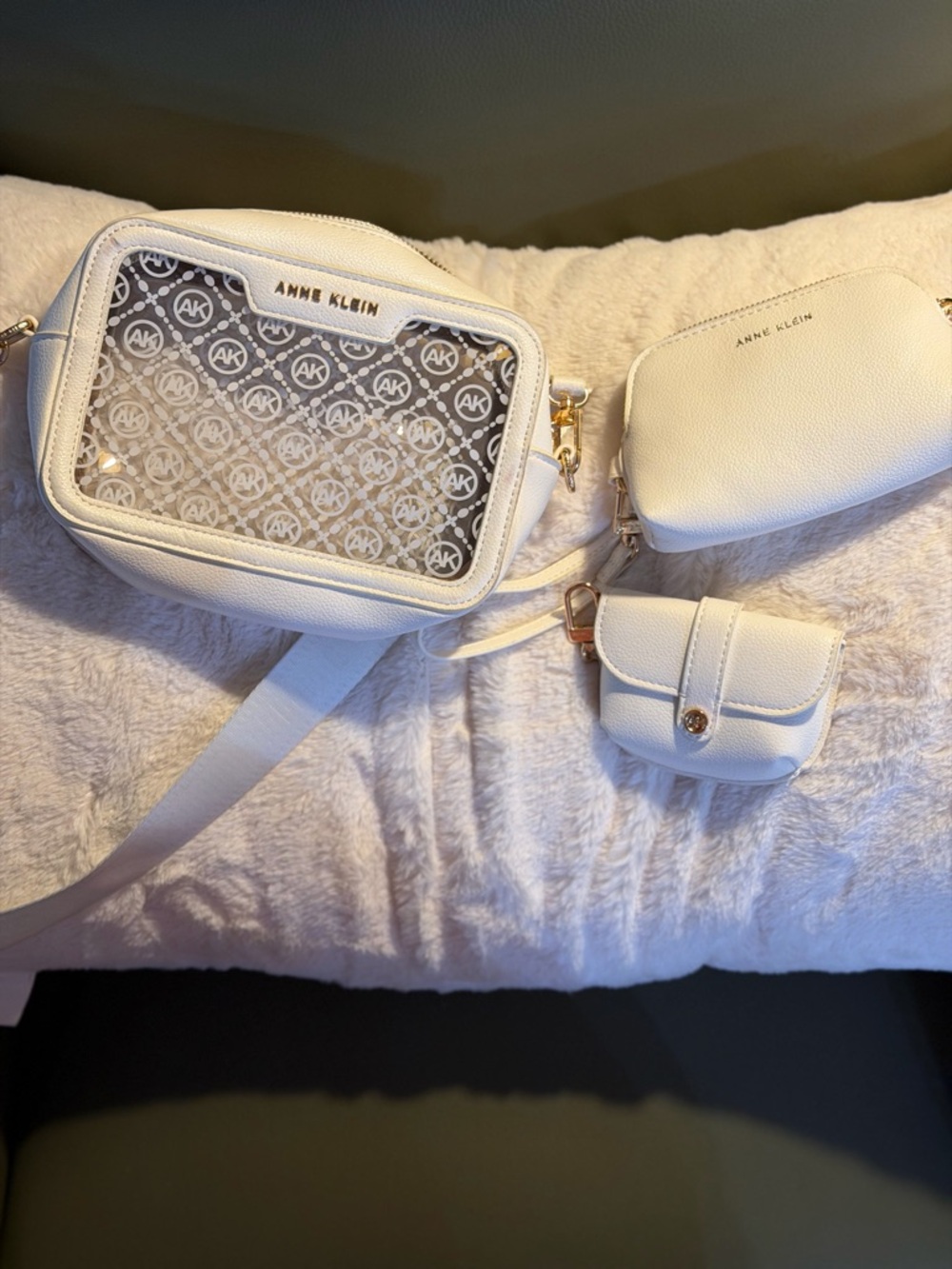Anne Klein White Crossbody Set with Clear Logo Panel and Pouches